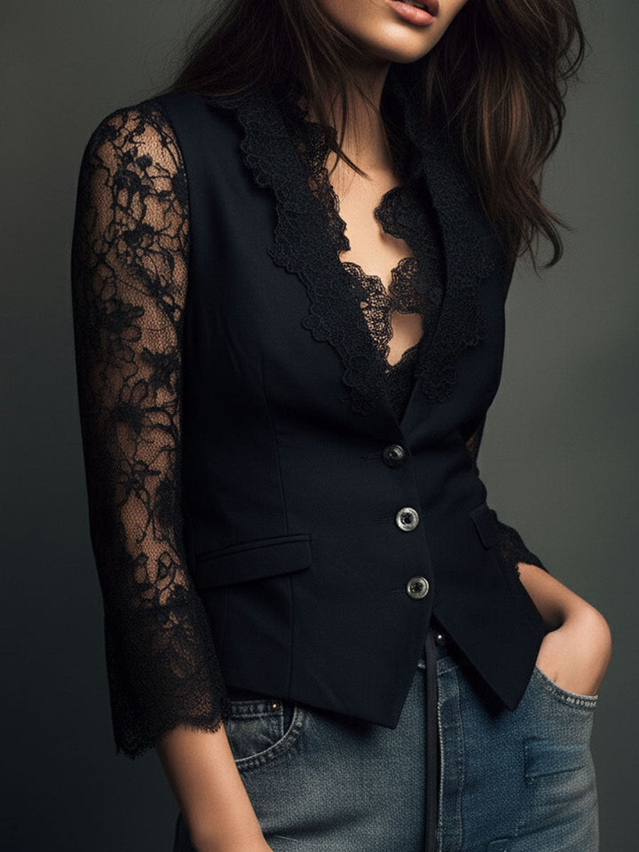Women's Lace-Trim Blazer Blouse – Elegant Evening Top