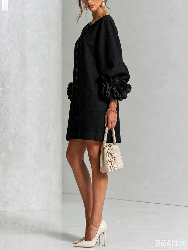 Women's Linen Tunic Mini Dress with Long Puff Sleeves