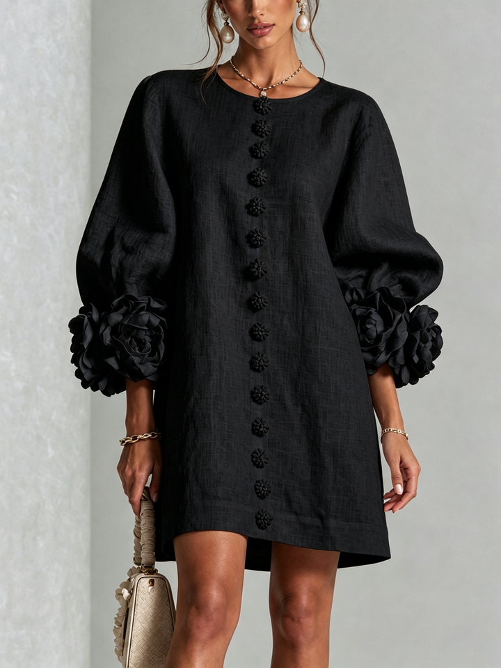 Elegant A-Line Dress with Voluminous Sleeves and Floral Buttons