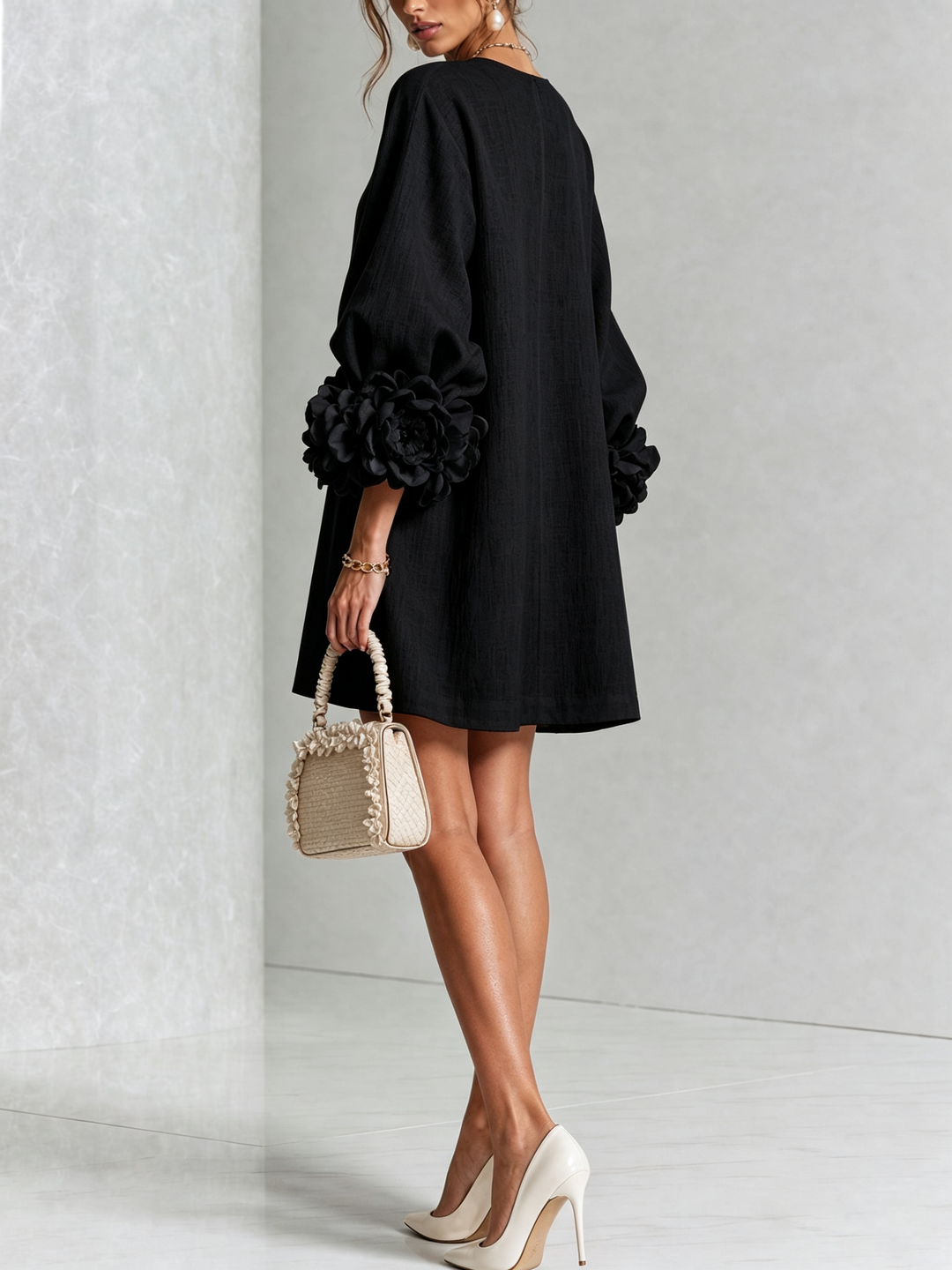 Elegant A-Line Dress with Voluminous Sleeves and Floral Buttons