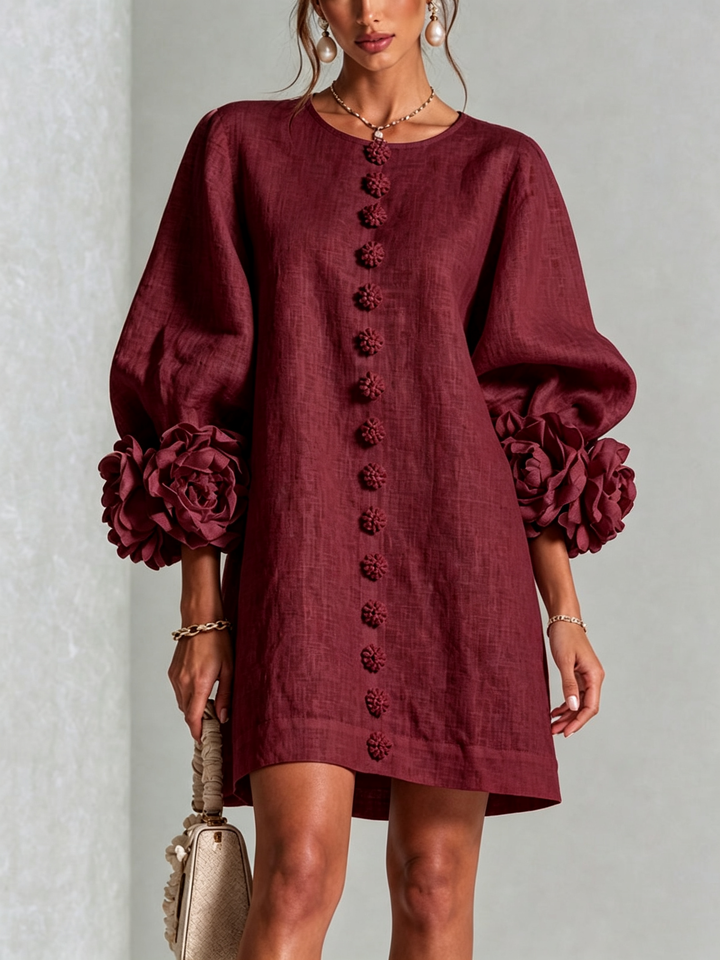 Elegant A-Line Dress with Voluminous Sleeves and Floral Buttons