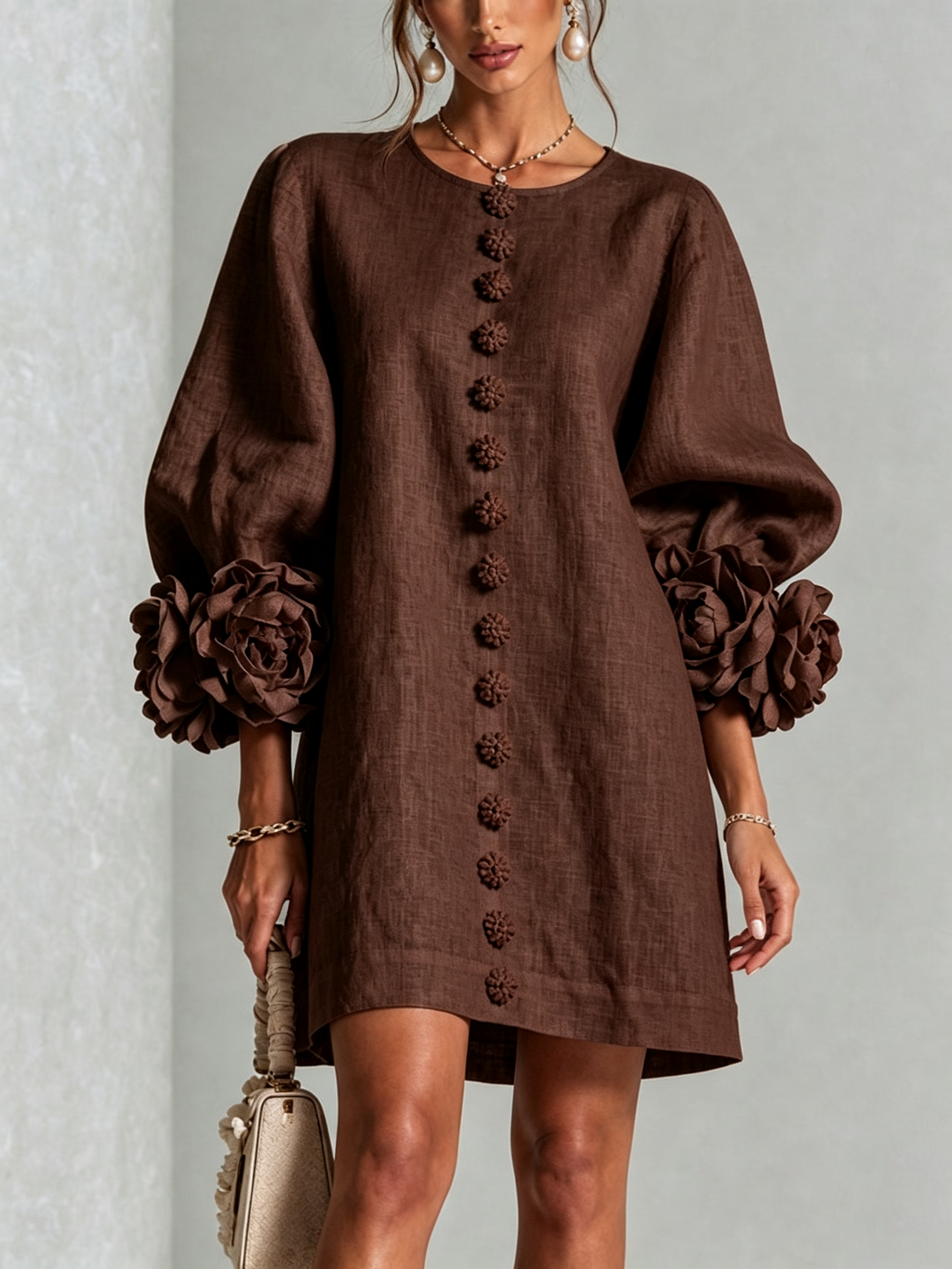 Women's Linen Tunic Mini Dress with Long Puff Sleeves