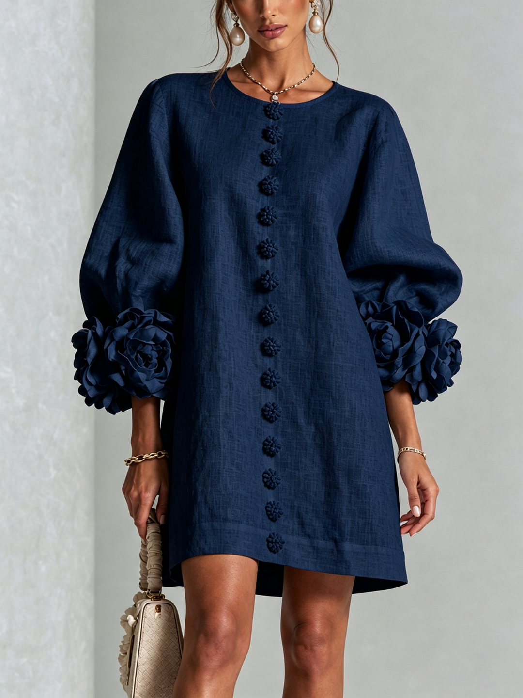 Women's Linen Tunic Mini Dress with Long Puff Sleeves