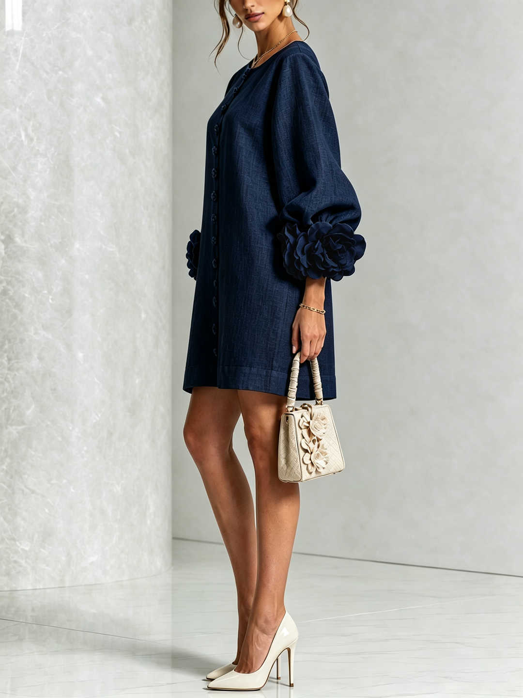 Women's Linen Tunic Mini Dress with Long Puff Sleeves
