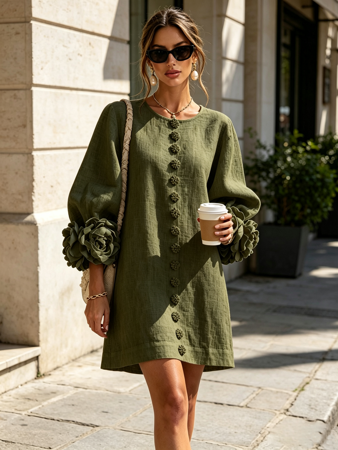 Women's Linen Tunic Mini Dress with Long Puff Sleeves