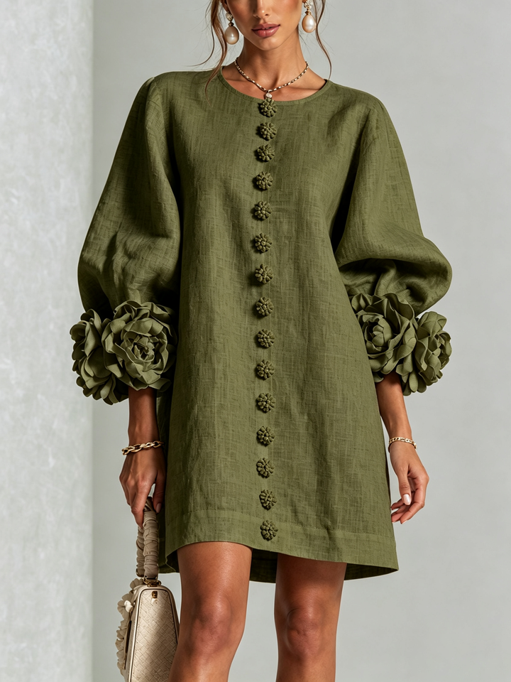 Elegant A-Line Dress with Voluminous Sleeves and Floral Buttons
