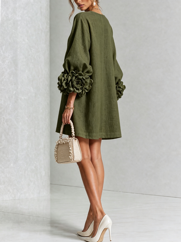Women's Linen Tunic Mini Dress with Long Puff Sleeves