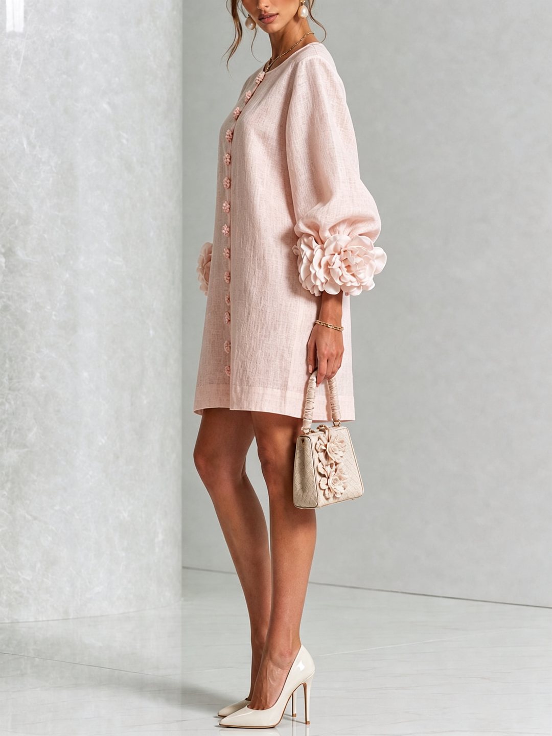 Women's Linen Tunic Mini Dress with Long Puff Sleeves