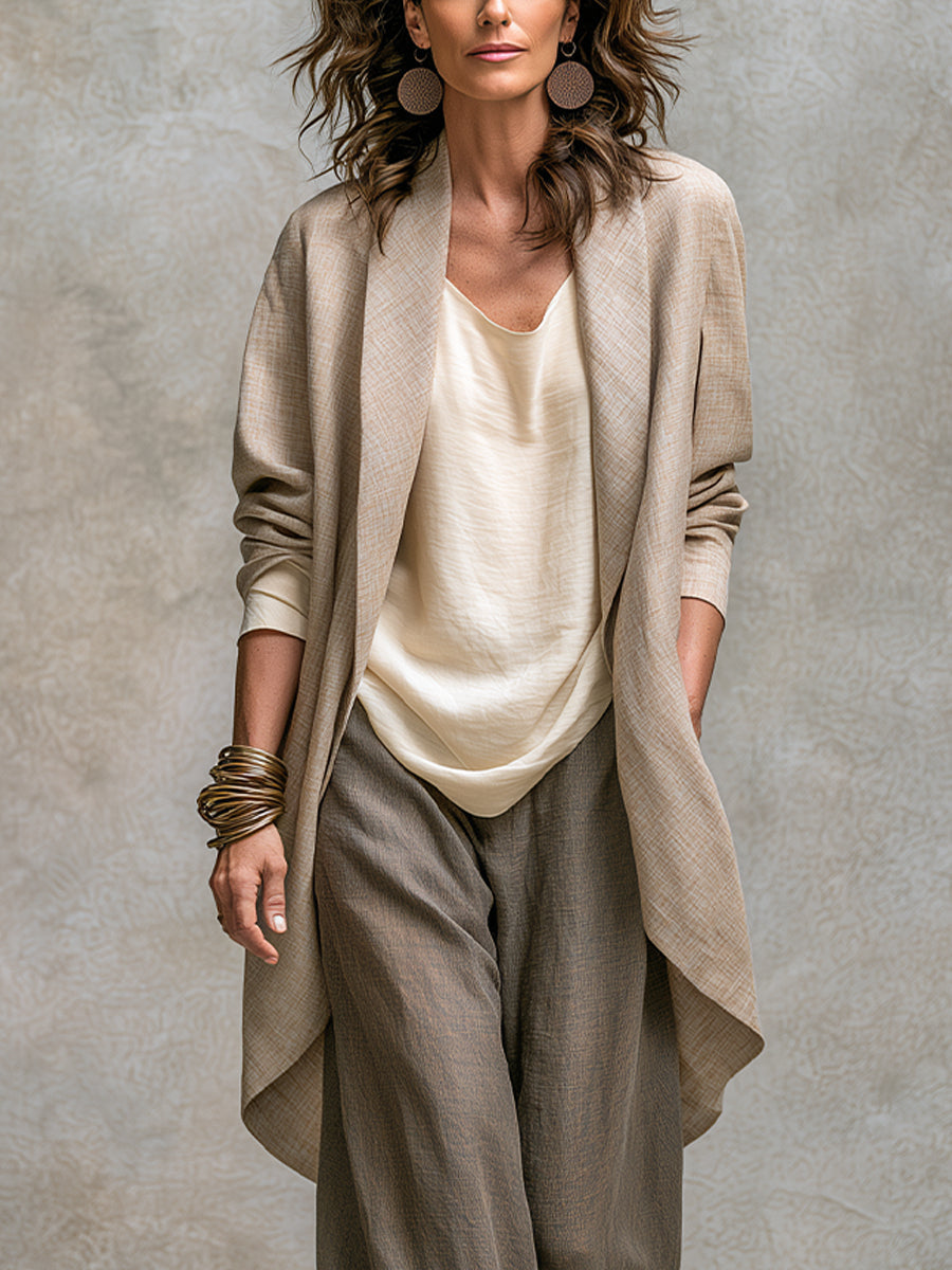 3-Piece Flowing Women's Set with Open Cardigan and Wide-Leg Pants