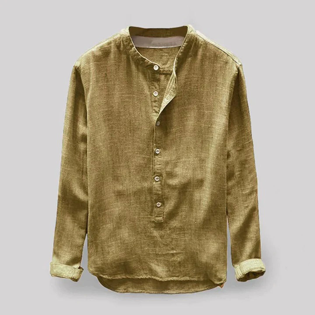 Men's Linen-Look Long-Sleeve Mandarin Collar Shirt – Elian