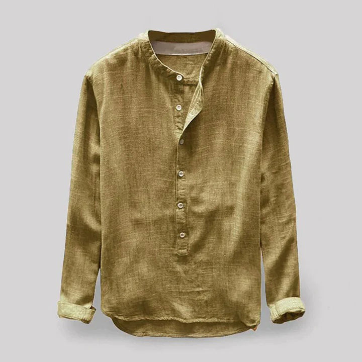 Men's Linen-Look Long-Sleeve Mandarin Collar Shirt – Elian