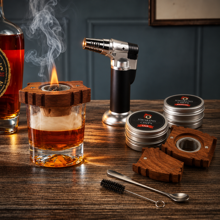 Whiskey Smoker Kit and Cocktail with Wooden Design for Smoked Old Fashioned Drinks
