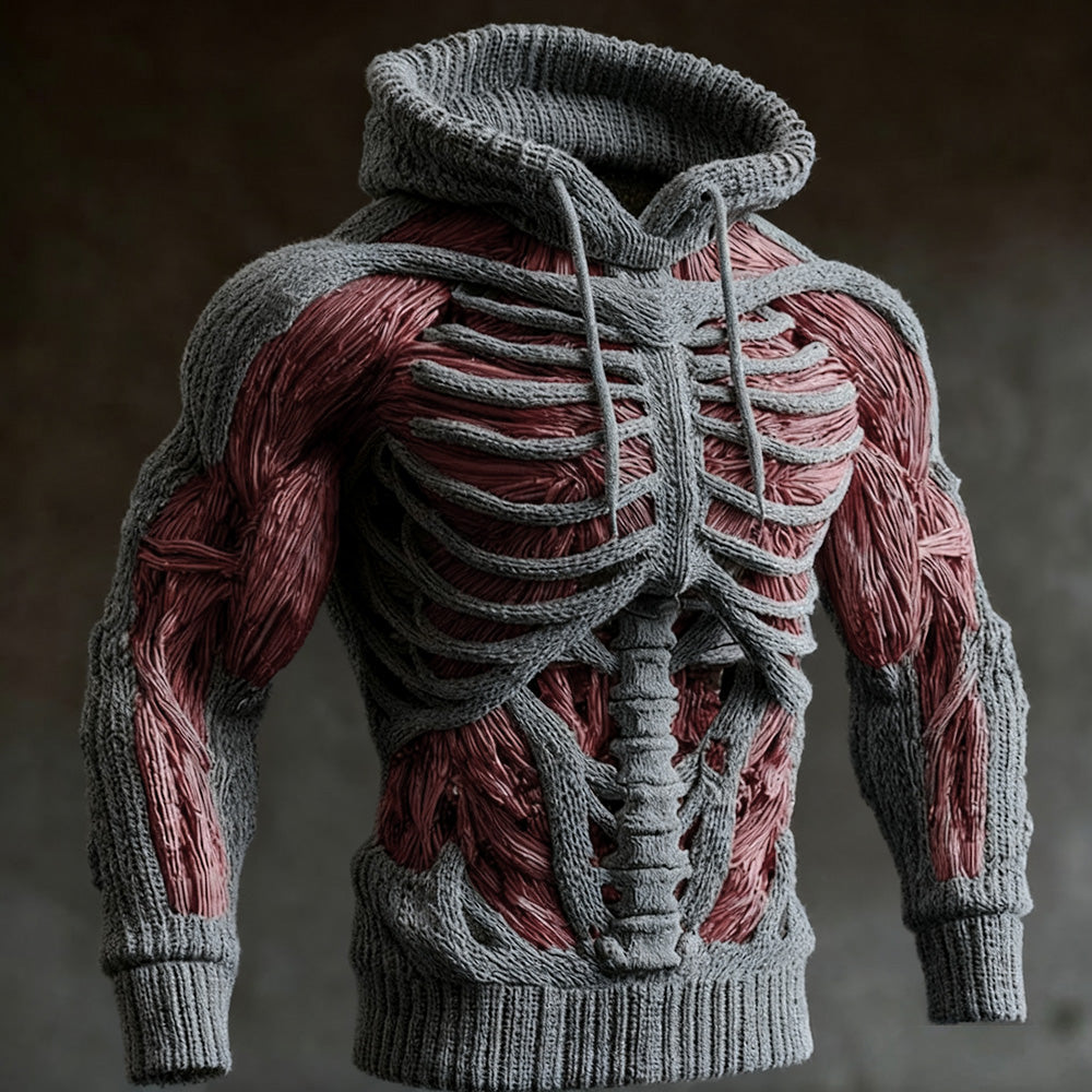 Men's Halloween Knit Hoodie with 3D Skeleton Design, Long Sleeve