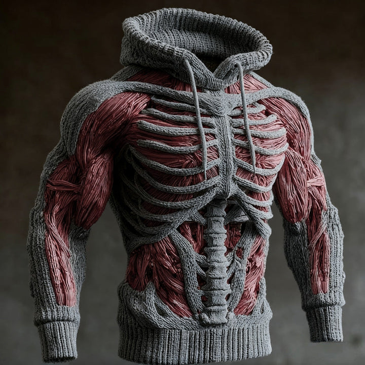 Men's Halloween Knit Hoodie with 3D Skeleton Design, Long Sleeve