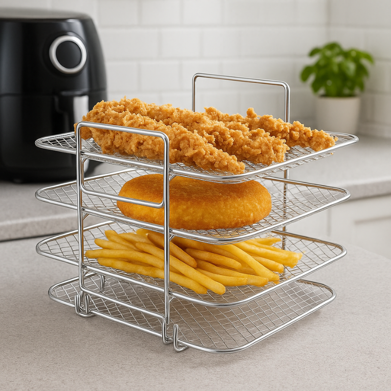 Air Fryer Accessories Rack with 3-Tier Stainless Steel Mesh Trays and Removable Shelves