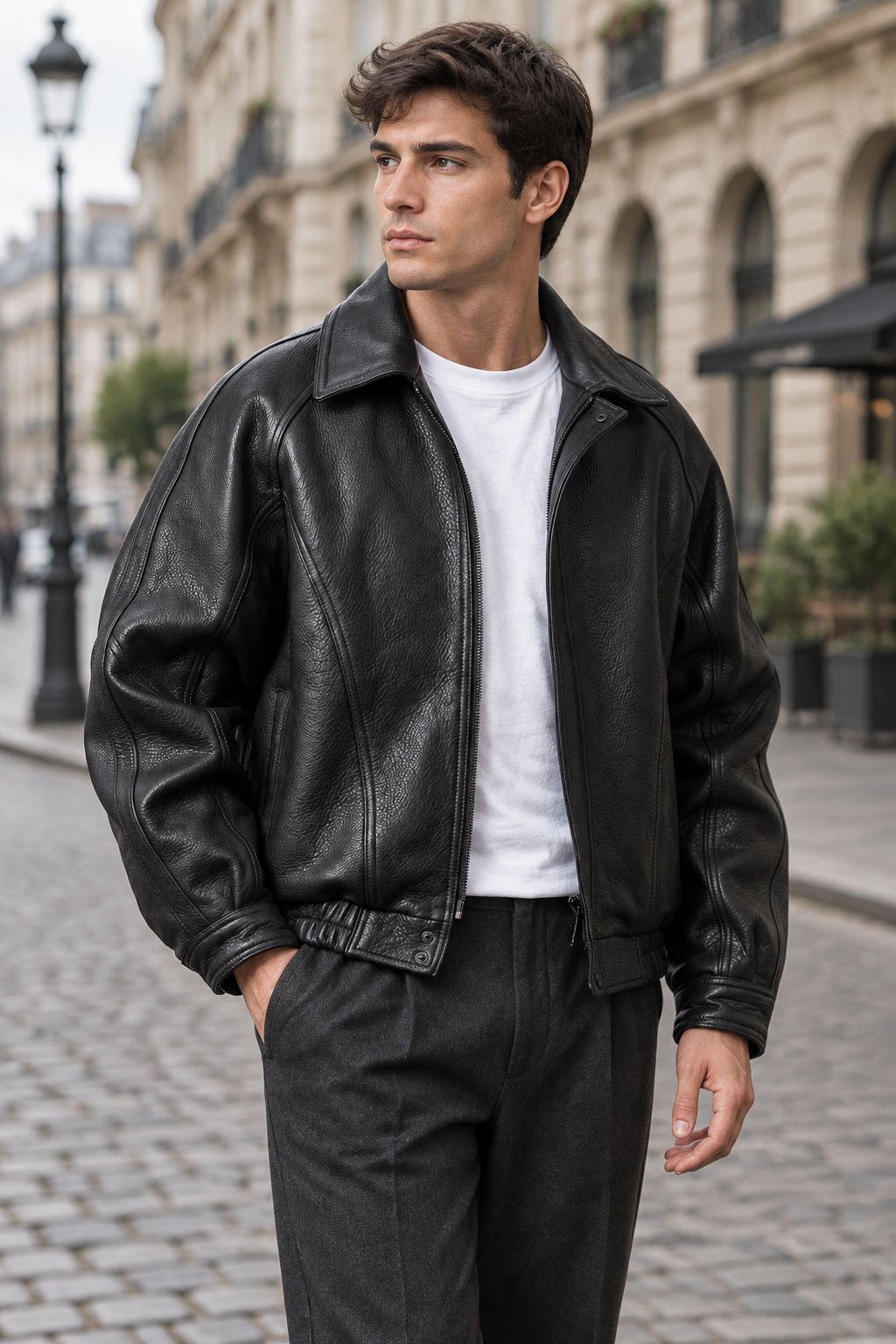Men's Leather Jacket with Zip and Collar