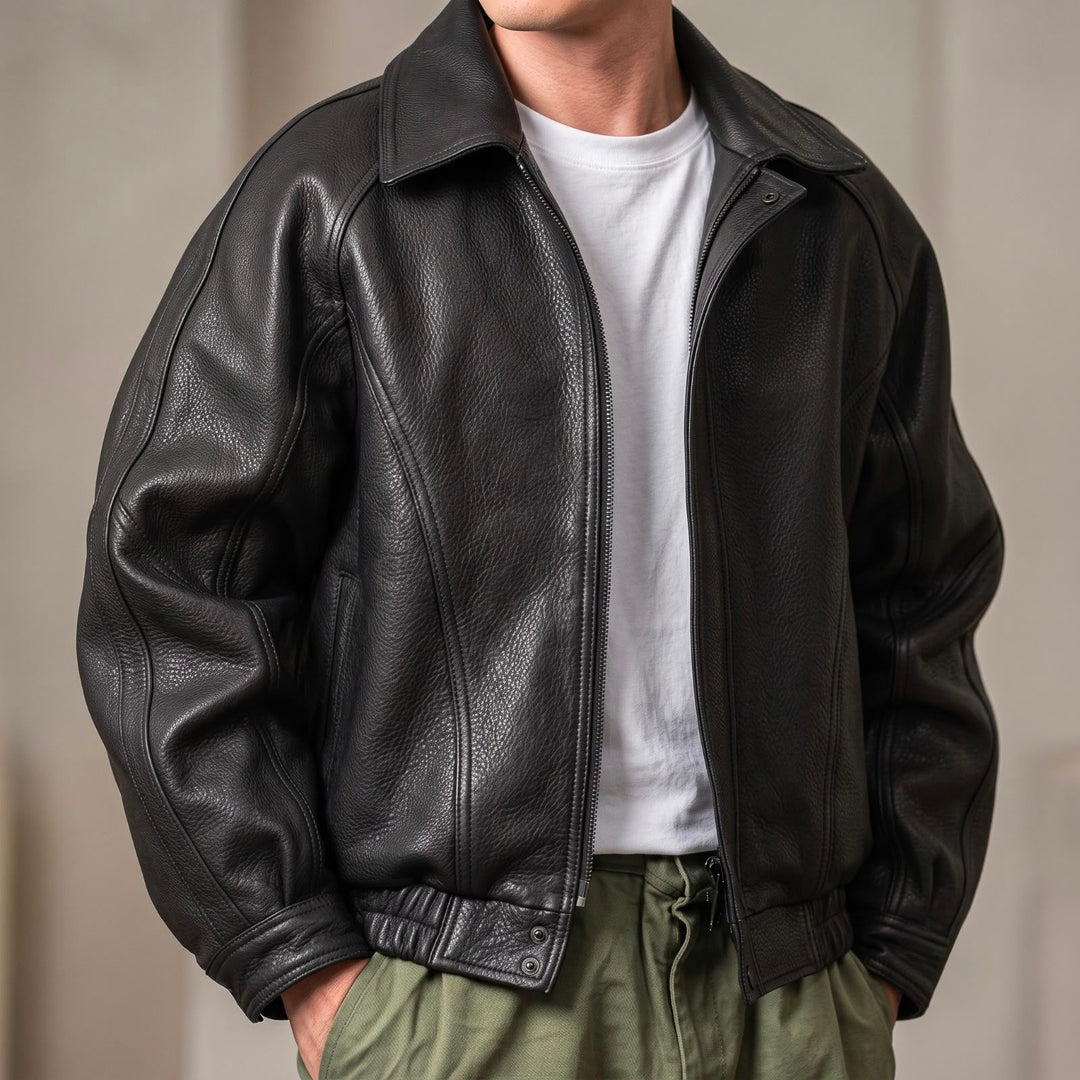 Men's Leather Jacket with Zip and Collar