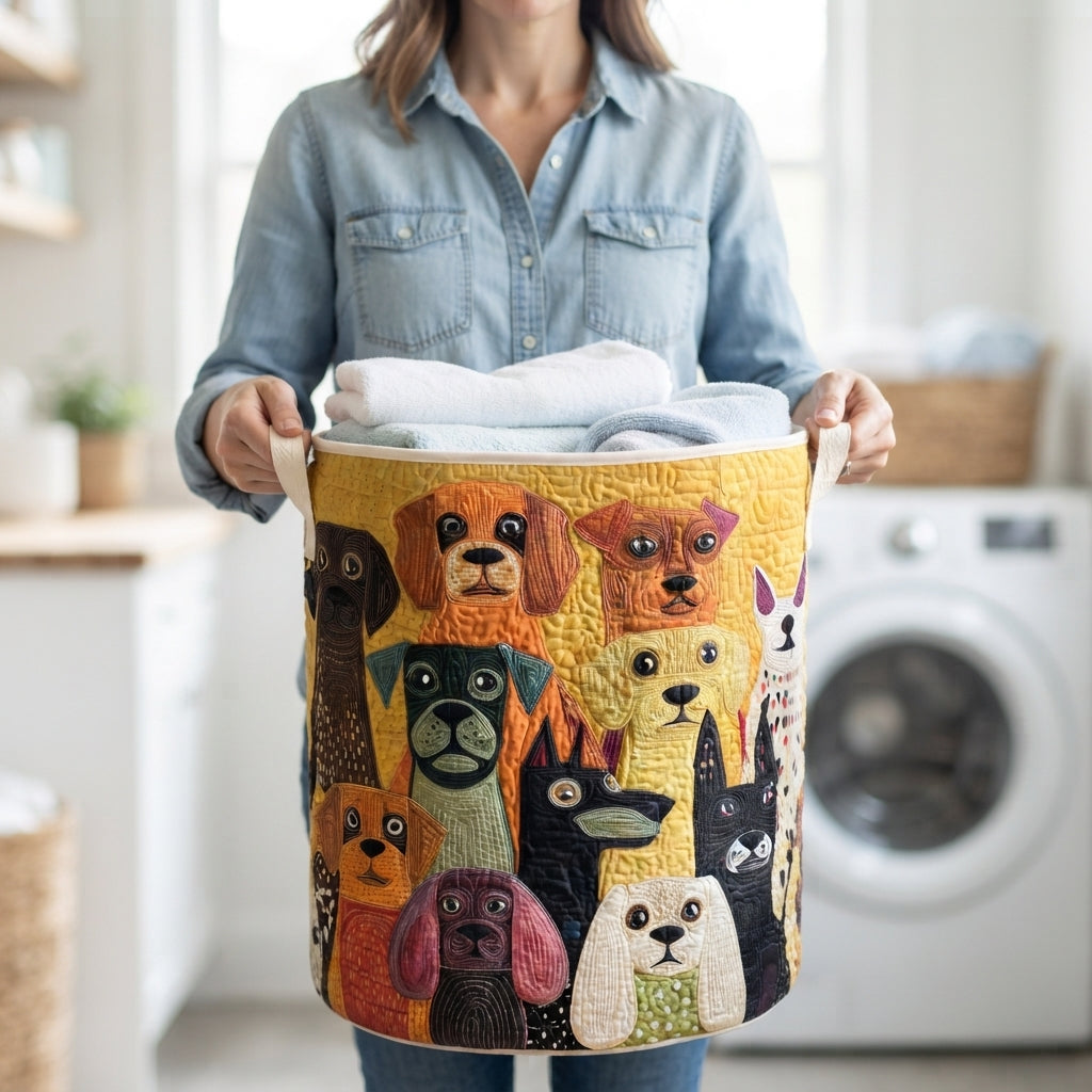 Quilted Fabric Laundry Basket with Canvas Handles, Freestanding and Foldable