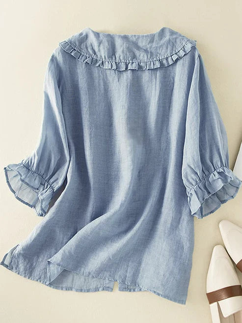 Women's Cotton Linen Loose Peter Pan Ruffle Neck Shirt