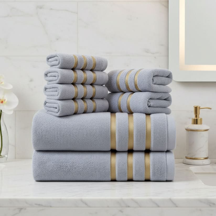 Bath Towel Set with Terry Cloth Gold Stripes and Woven Border 8-Piece