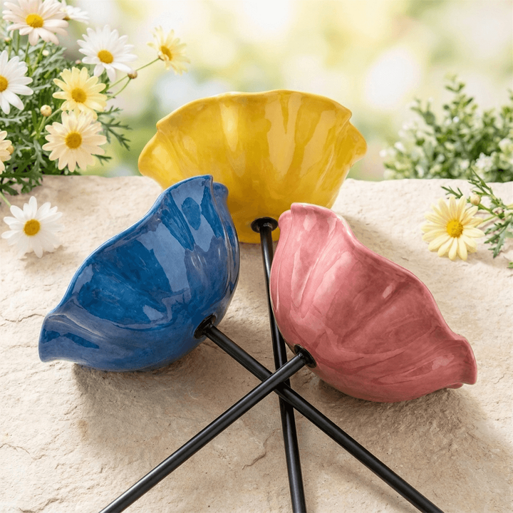 Bird Bath Flower-Shaped Ceramic with Metal Ground Stake for Garden Décor