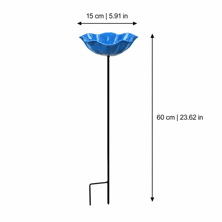 Bird Bath Flower-Shaped Ceramic with Metal Ground Stake for Garden Décor