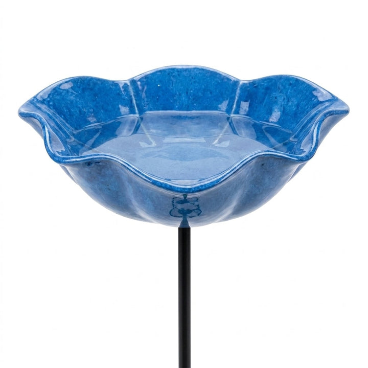 Bird Bath Flower-Shaped Ceramic with Metal Ground Stake for Garden Décor