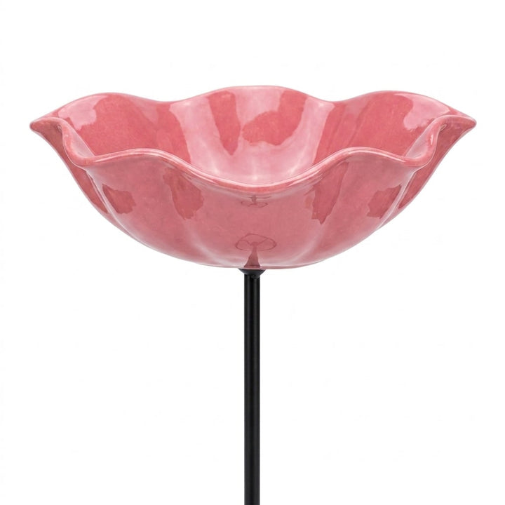 Bird Bath Flower-Shaped Ceramic with Metal Ground Stake for Garden Décor