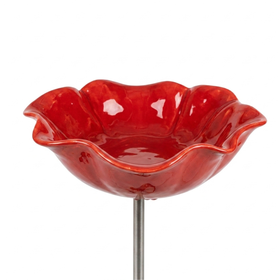 Bird Bath Flower-Shaped Ceramic with Metal Ground Stake for Garden Décor