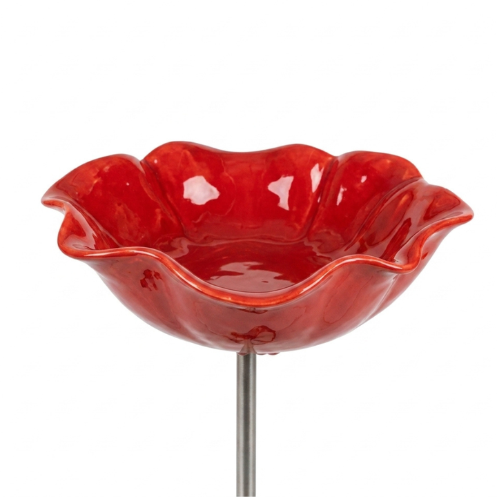 Bird Bath Flower-Shaped Ceramic with Metal Ground Stake for Garden Décor