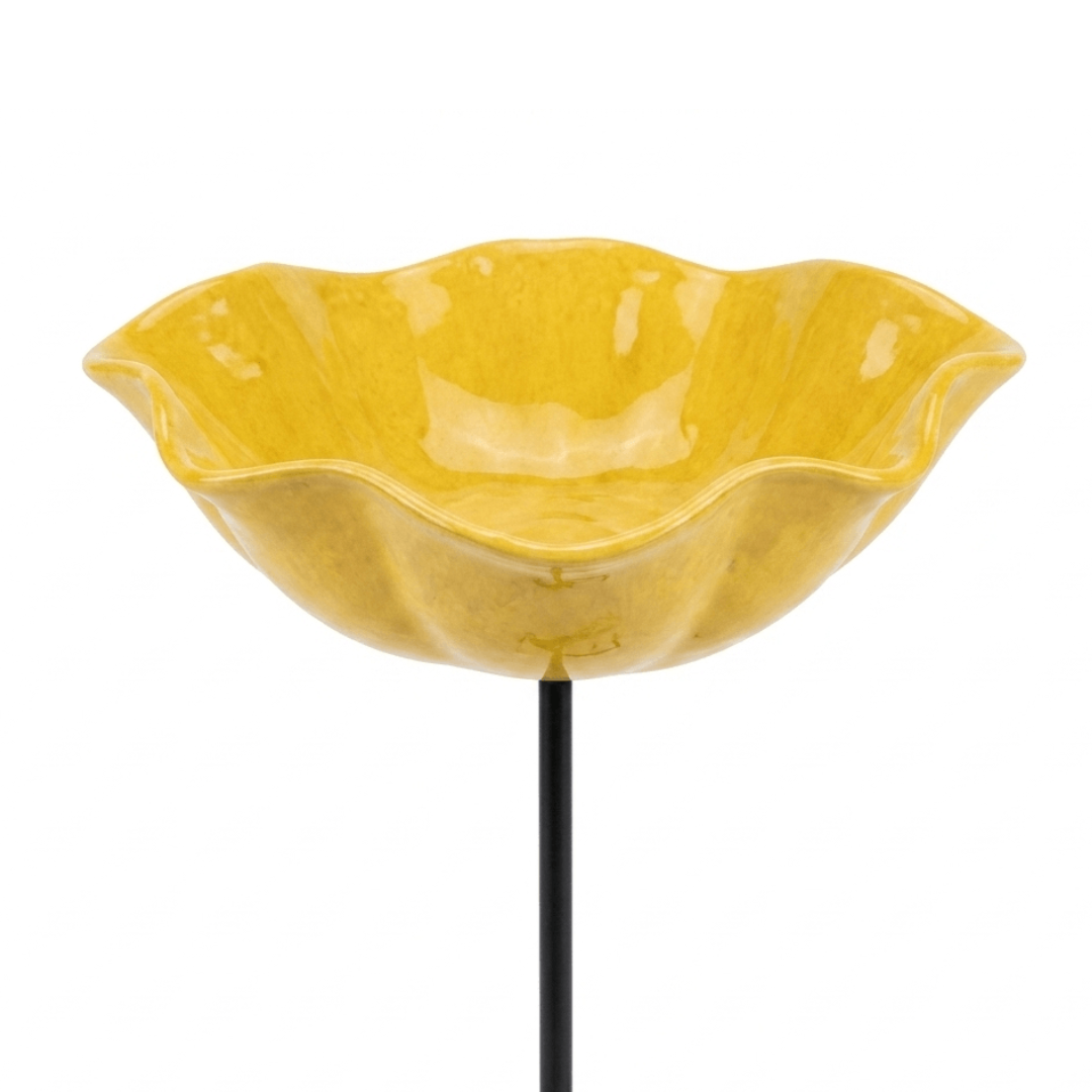 Bird Bath Flower-Shaped Ceramic with Metal Ground Stake for Garden Décor