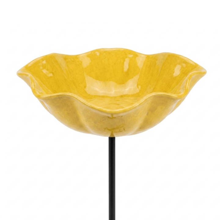 Bird Bath Flower-Shaped Ceramic with Metal Ground Stake for Garden Décor