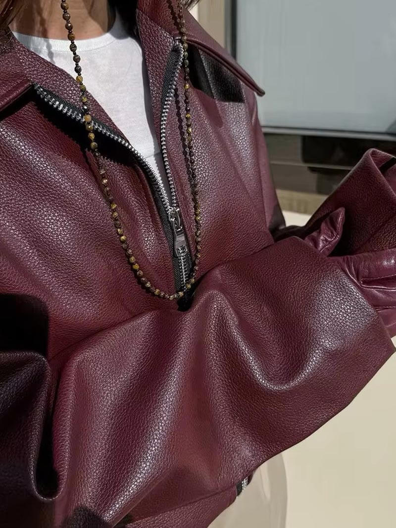 Women's Burgundy Faux Leather Jacket
