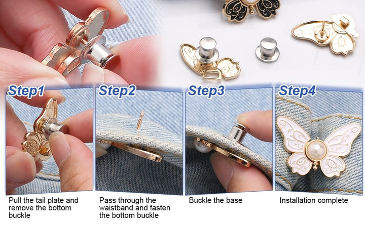 Button Pin for Pants Waist Tightener with Butterfly Design and No Sew Installation