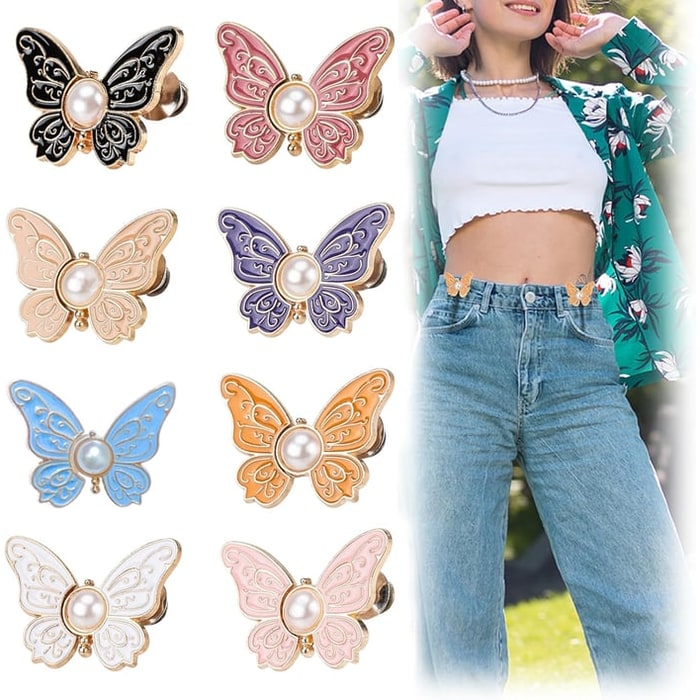 Button Pin for Pants Waist Tightener with Butterfly Design and No Sew Installation