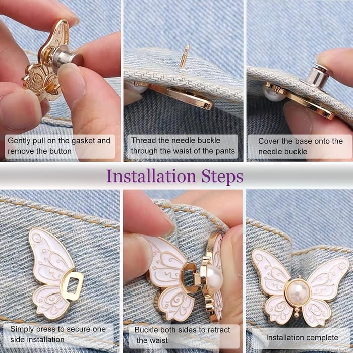 Button Pin for Pants Waist Tightener with Butterfly Design and No Sew Installation