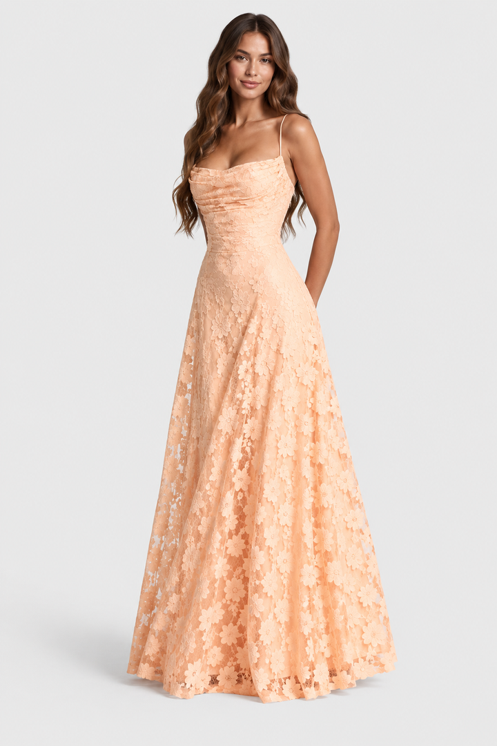 Raised 3D floral lace A-line midi-maxi dress with draped neckline