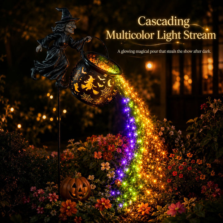 Halloween Witch's Cauldron Garden Lamp with Colorful Glow and Spooky Projections