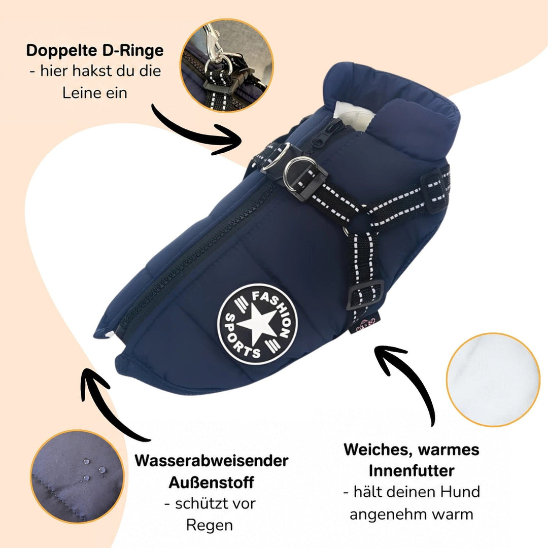 Winter Dog Coat with Built-In Harness, Padded and Lined