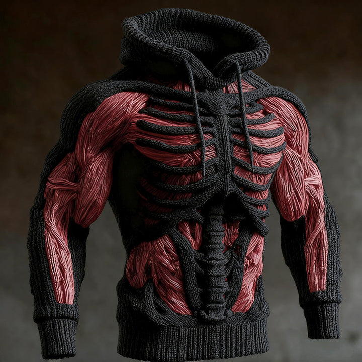 Men's Halloween Knit Hoodie with 3D Skeleton Design, Long Sleeve