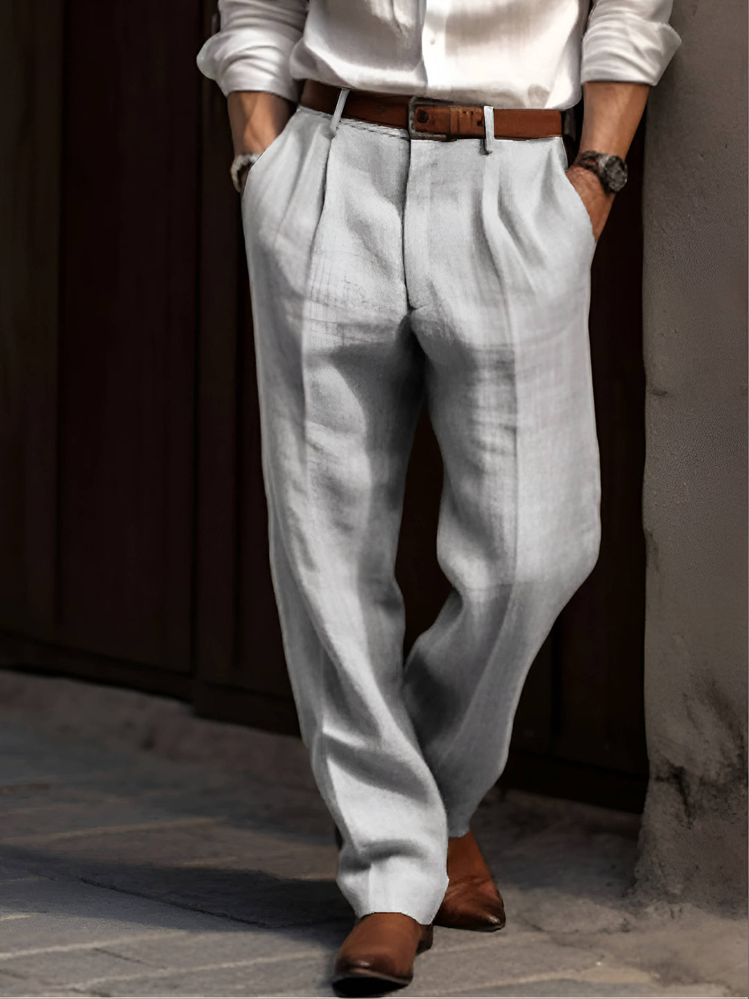 Men's Pleated Pants - Relaxed Fit Cotton Pants Elasticated Waist