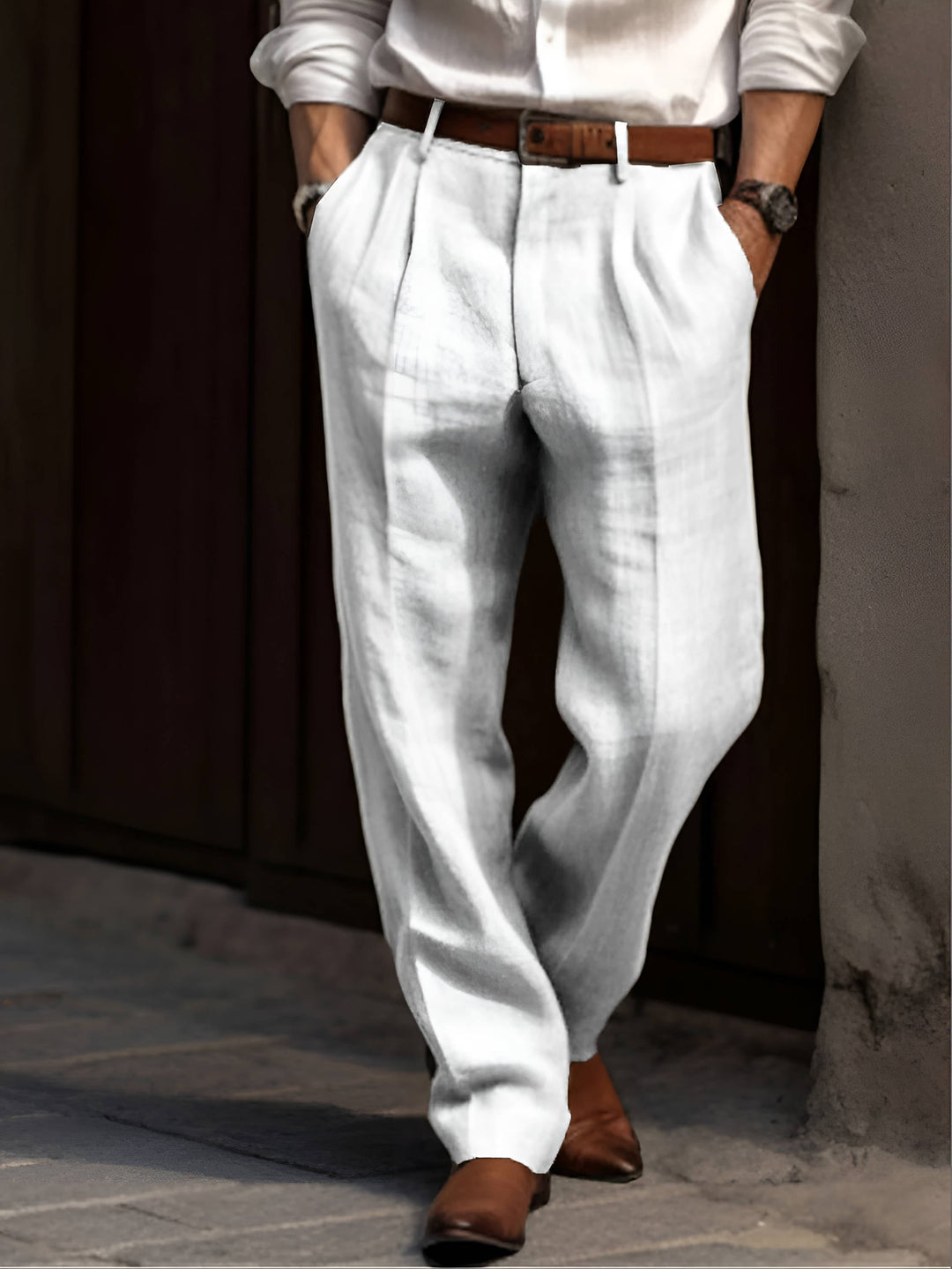 Men's Pleated Pants - Relaxed Fit Cotton Pants Elasticated Waist