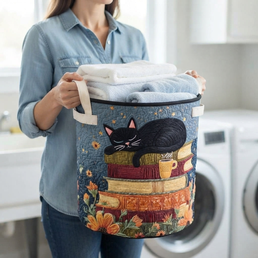 Quilted cat library laundry basket with handles, foldable laundry basket in 3 sizes