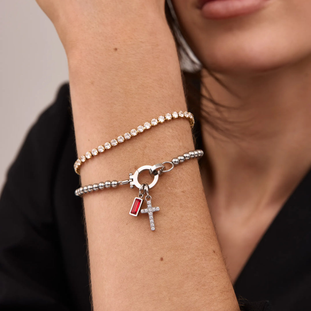Nova Bead Birthstone Bracelet with Cross Pendant