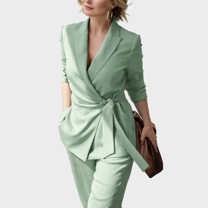 Women's Blazer and Pants Set with Wrap Front and Tie Belt