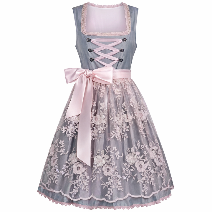 Women's Dirndl Dress with Stand Collar, Front Lacing and Lace Trim.
