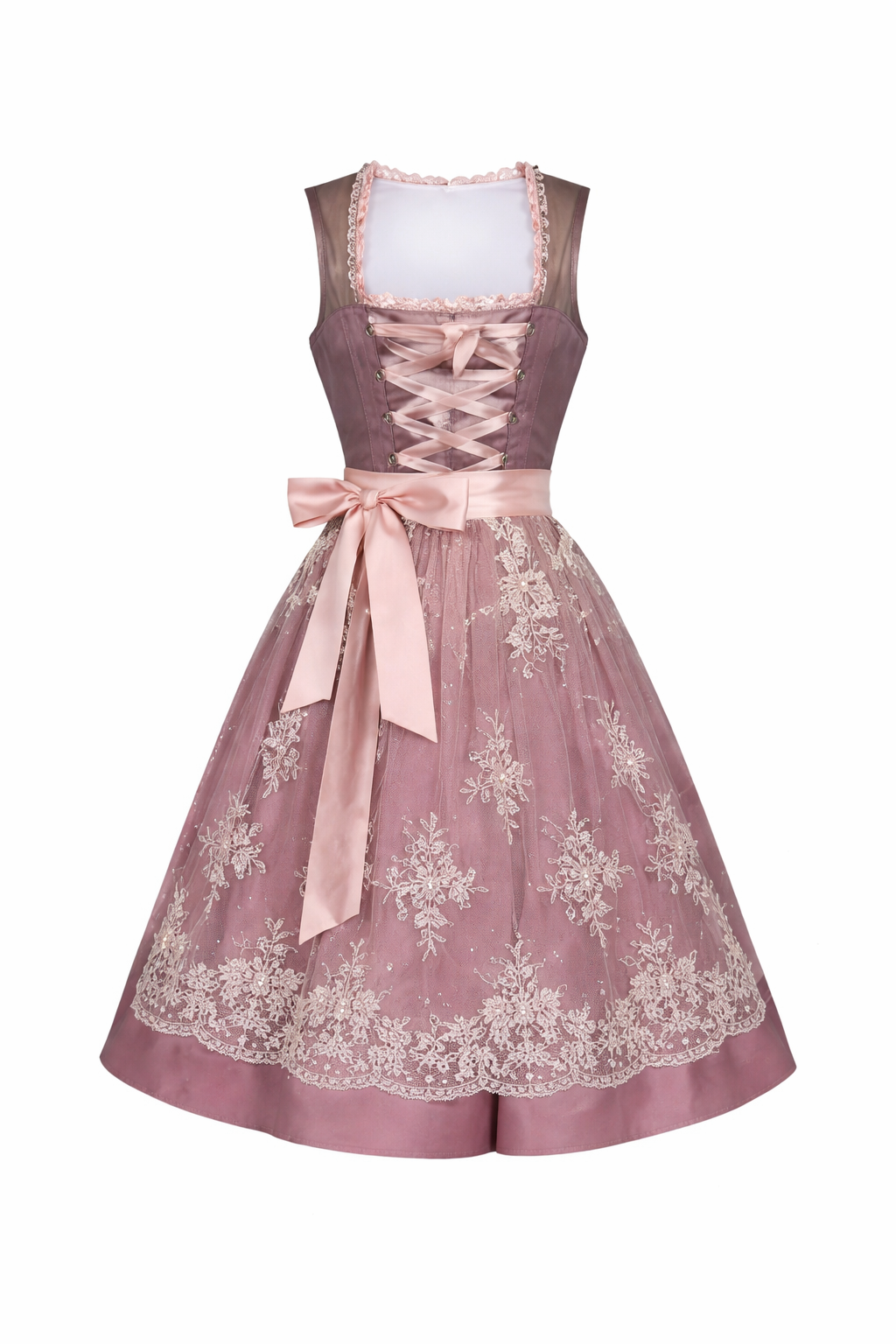 Women's Dirndl Dress with Stand-Up Collar, Front Lace-Up and Lace Inset