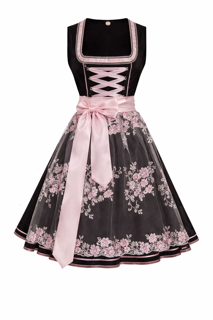 Women's Dirndl Dress with Stand-Up Collar, Front Lace-Up and Lace Inset