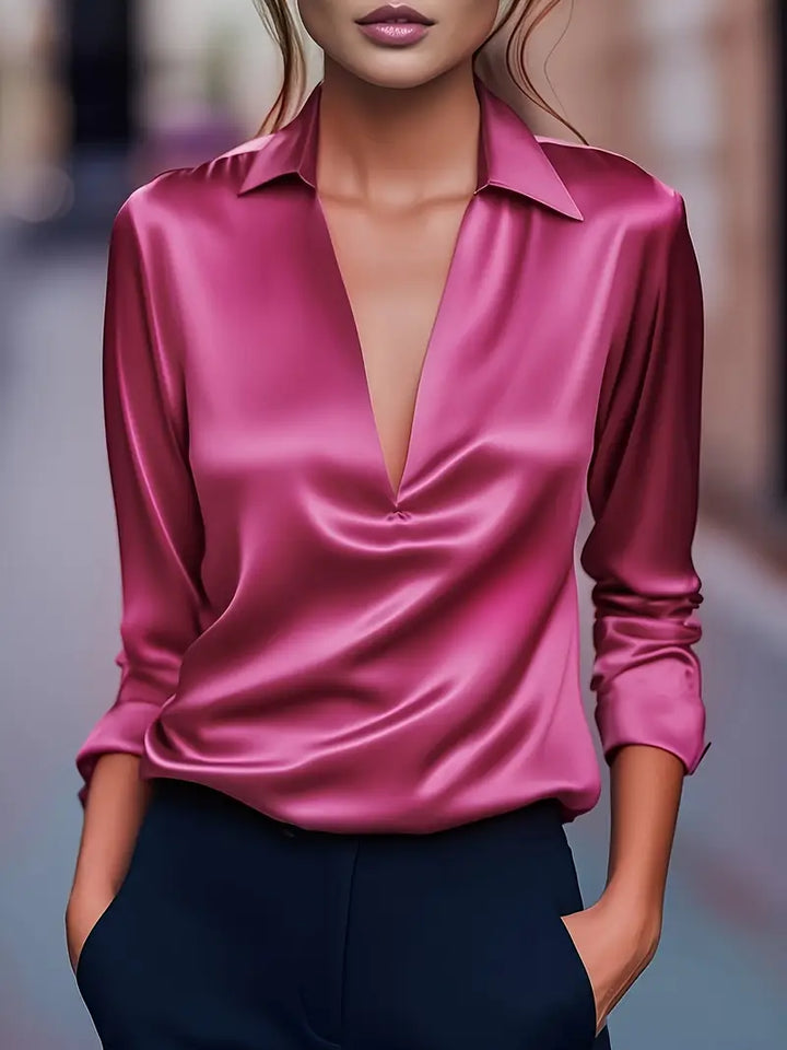 Women's Satin V-Neck Blouse with Draped Collar