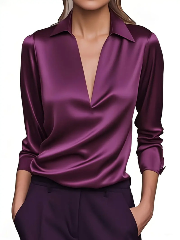 Women's Satin V-Neck Blouse with Draped Collar